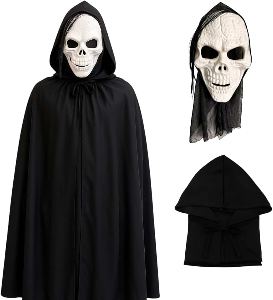 Fantasia Caveira Assustadora Halloween Máscara + Capa Preta