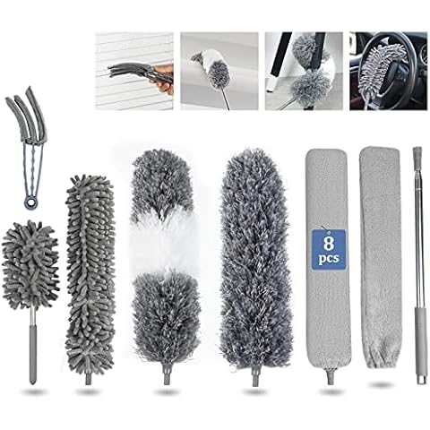 Staubwedel Teleskop Waschbar 8 Stücke, Staubwedel lang ausziehbar bis 80cm-250.5cm, Staubwedel für Decken Teleskopstiel Eckbesen Mikrofaser Duster Cover