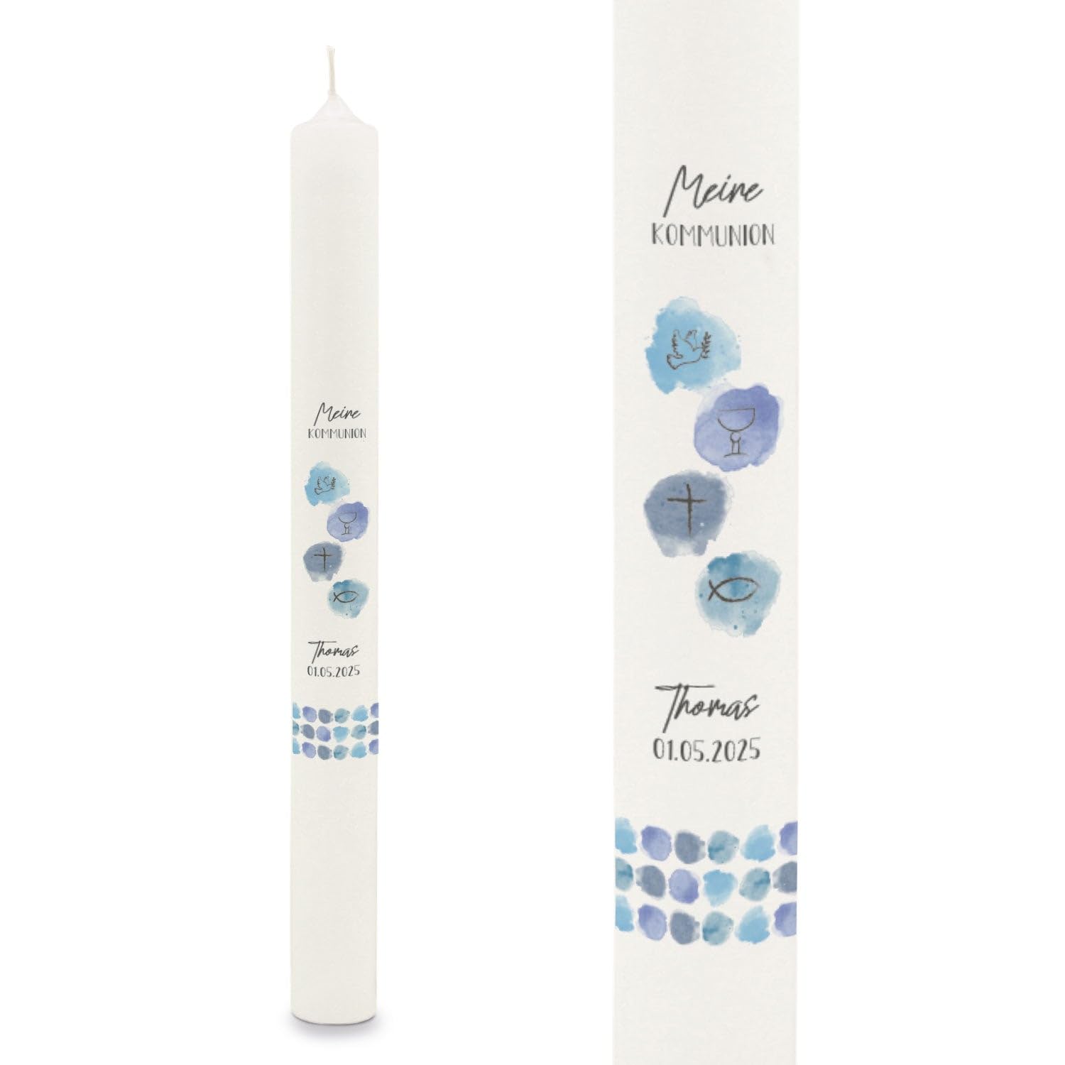 GRAVURZEILE Bedruckte Stabkerze - Watercolor - Personalisiert mit Name & Datum - Geschenk zur Taufe, Kommunion oder Konfirmation - Für Jungen & Mädchen - Altarkerze 400/40 mm - Blau