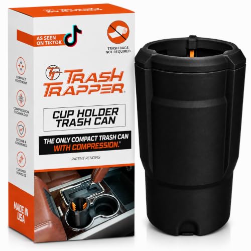 Trash Trapper Car Trash Can Cup Holder | Small Car Trash Can | Fits in Most Doors | 5.1" x 2.9" | Traps More &amp; Empties Less, Patent-Pending Compaction, Holds Weeks of Garbage, Black/Orange
