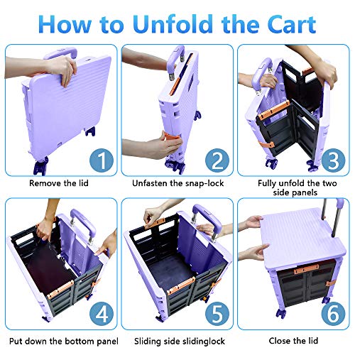 Image of Foldable Utility Cart Folding Portable Rolling Crate Handcart with Durable Heavy Duty Plastic Telescoping Handle Collapsible 4 Rotate Wheels for Travel Shopping Moving Luggage Office Use(Purple)