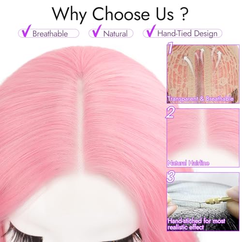 Image of Eawwii Light Pink Short Wavy Wig for Women Lace Hairline Bob Style Synthetic Heat Resistant - Natural Appearance for Everyday Hairstyle 14 Inch
