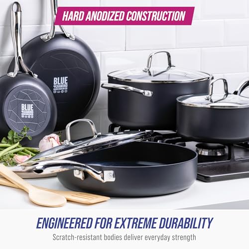 Image of Blue Diamond Cookware Hard Anodized Ceramic Nonstick, 10 Piece Cookware Pots and Pans Set, Non-Toxic PFAS-Free, Dishwasher and Oven Safe, Durable, Even Heating, Metal Utensil Safe, Gray
