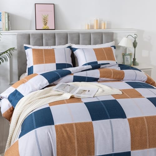 Image of Caressma Plaid Checkered Comforter Set Navy Blue and Gray, Fluffy Brown Geometric Grid Buffalo 3 Pieces Comforter Set Queen with Two Matching Pillow Shams