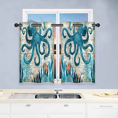 ANHOPE Octopus Curtains, Ocean Animal Coral with Nautical Map and Starfish Sealifes Beach Theme Pattern Waterproof Grommet Window Drapes for Bedroom Kitchen Bath Small Window 2 Panels W27.5 x L39