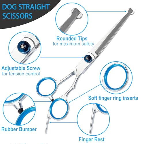 5 in 1 Premium Dog Grooming Scissors, Professional Dog Scissors for Grooming with Safety Round Tips, Lengnoyp Stainless Steel Thinning Shears, Pet Cat Shears for Grooming Kit