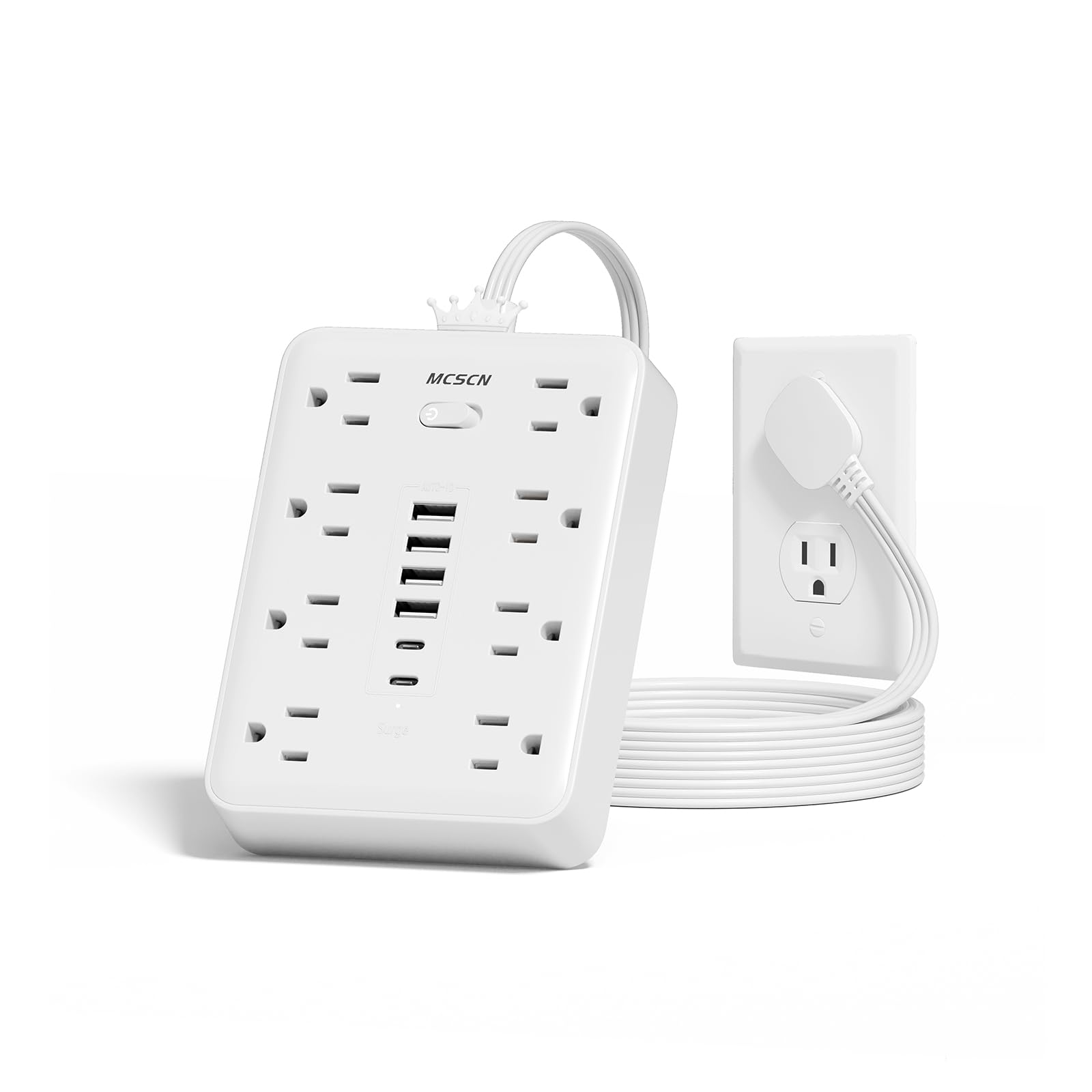 MCSCN Ultra Thin Flat Plug Surge Overload Protector Power Strip Wall Outlet with 8 AC Power Outlets 6 USB (2 USB C) for Home Office Dorm Travel