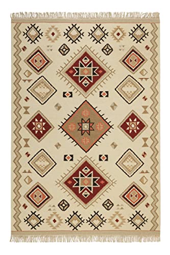 Kelim Brionne Alfombra tejida a mano, fibra natural, ideal para salón y dormitorio, alfombra tejida a mano y alfombra de lana, sostenible y de alta calidad, 80 x 300 cm, color crema, beige y rojo