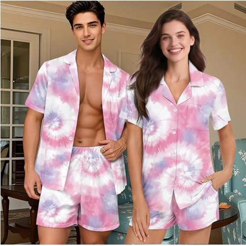 Couple Pajamas Matching Sets for Him and Her Notch Collar Short Sleeve Sleep Set Button Down Loungewear 2 Piece2