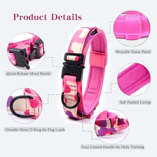 Image of Tactical Dog Collar and Leash Set Adjustable Military Nylon Dog Collar with Control Handle and Heavy Duty Metal Buckle for Large Dogs(Pink Camo XXL
