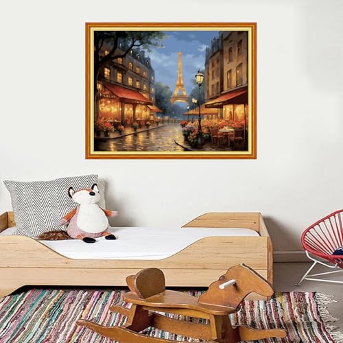 Image of Foxdiviy Stamped Cross Stitch Kits for Beginners Full Range of Cross Stitching 11 CT Printed Cross Stitch Kits for Adults Cross Stitch Patterns Needlepoint Kits-Eiffel Tower Street 16x20 inch