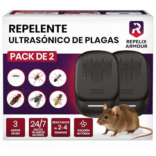 REPELIX ARMOUR Repelente ultrasónico de plagas para Interiores – Pack de 2 – Cubre 140m² por Dispositivo – 3 Modos – Repele Ratones, Ratas, arañas, Mosquitos, Hormigas, Insectos y Moscas
