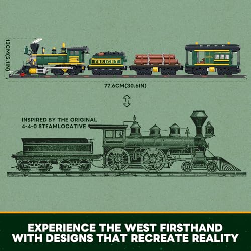 Image of Lumibricks Wild West Freight Train Lighting Building-Bricks Set - Classic 4-4-0 Locomotive Model 1524 Pcs Ideas Kit for Adult and Teens