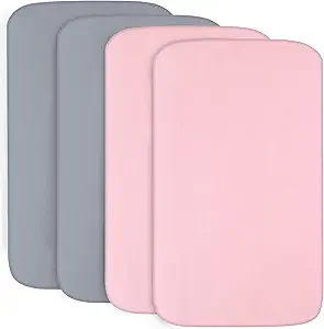 4-Pack Fitted Pack and Play Sheets for Boys and Girls - Breathable, Soft Microfiber Baby Sheets in Grey and Pink