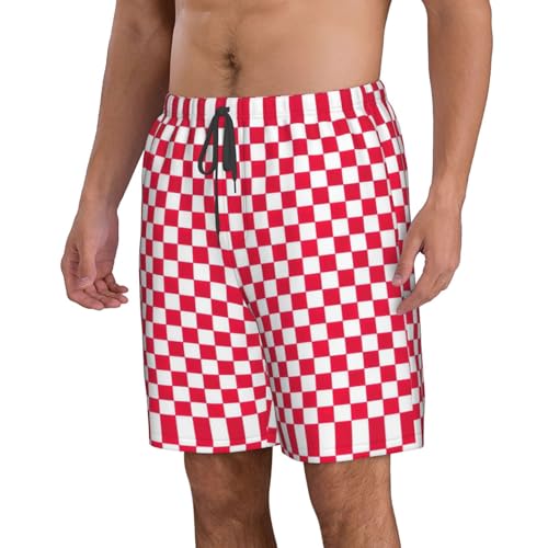 Red Checkered White Squares Print Men's Casual Beach Shorts Quick Dry Lightweight Drawstring Shorts with Pockets2