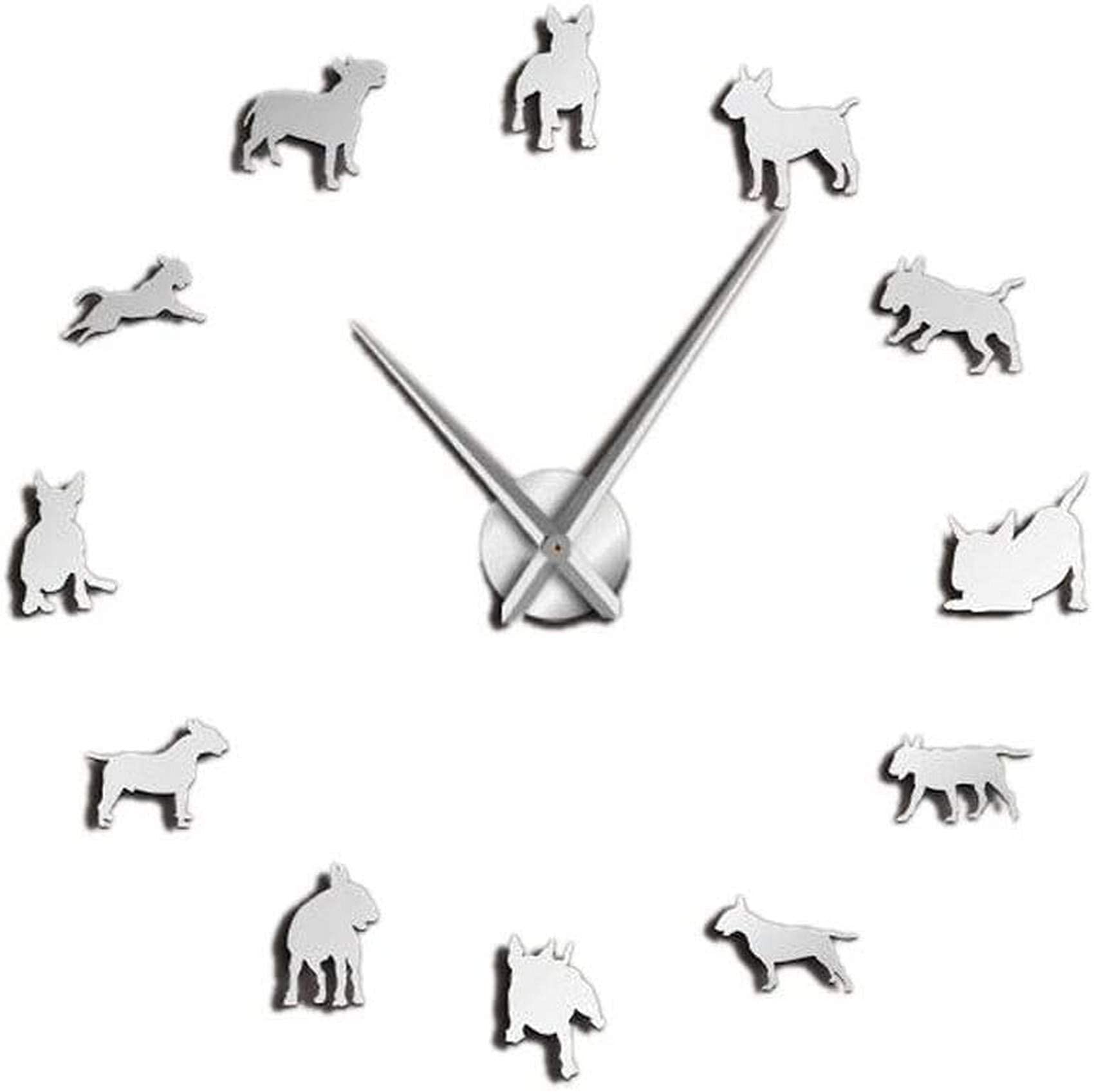 Bull Terrier art mural grande horloge haut de gamme en acrylique argenté
