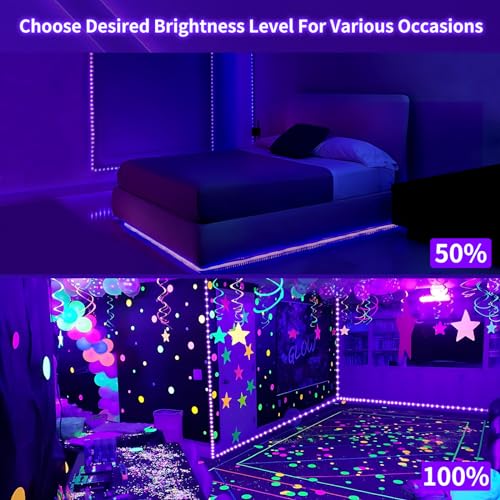 Image of Dimmable Black Light Strip Kit 66ft /20M 1200 LEDs, 12V Flexible Blacklight Fixtures, 385nm-400nm, Black Light LED Strip for Glow Party Fluorescent Poster Halloween Indoor Bedroom Decor, Non-Waterproof