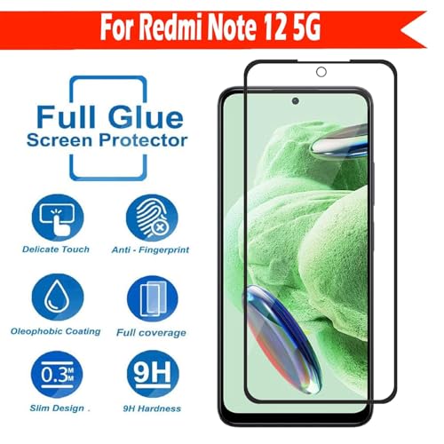 Image of Tempered Glass Screen Protector Compatible for Redmi Note 12 5G with Edge to Edge Coverage and Easy Installation Kit, Pack of 1, Black
