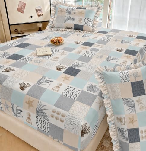 Image of VOMZER Queen Size (60x78) 300 TC Soft Cotton Feel Microfiber All Around Elastic Fitted Double Bedsheet with 2 Frill Pillow Covers | Ocean Patch
