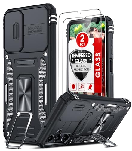 for Samsung Galaxy A05S Phone Case with Camera Lens Cover Slider 2 Pack Screen Protectors Ring Stand Holder Military Grade Protective Shockproof Armour Cover for Samsung AO5S Black