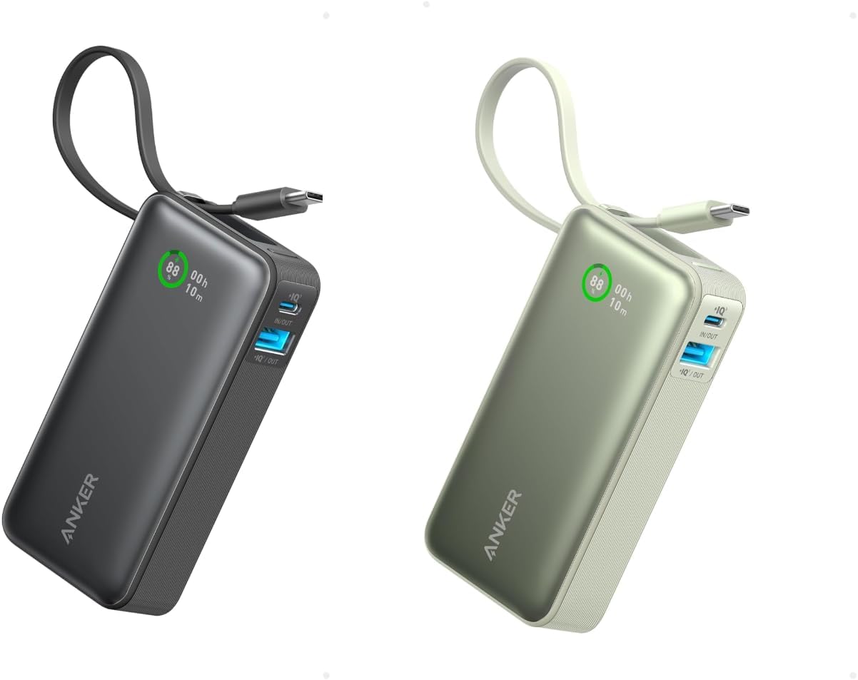 Anker Nano Power Bank, 10,000mAh Portable Charger with Built-in USB-C Cable, 30W Recharging, 30W Max Output with 1 USB-C, 1 USB-A, for iPhone 16/15 Series, MacBook, Galaxy, AirPods, and More（Black and