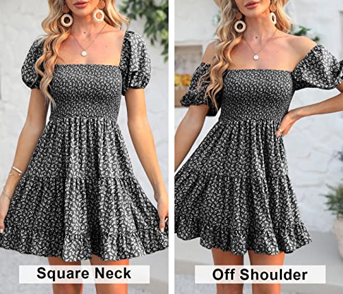 Image of Veatzaer Women's Puff Sleeve Square Neck Smocked Babydoll Dress Boho Floral Print Off Shoulder Ruffle Mini Short Dress