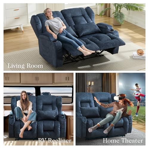 Image of Loveseat Recliner Sofa,RV Wall Hugger Recliners for Small Spaces,Reclining Loveseat Sofa Recliner with Cup Holders /Lumbar Pillows,RV Furniture (Velvet Blue, 56 inch 2-Seater)