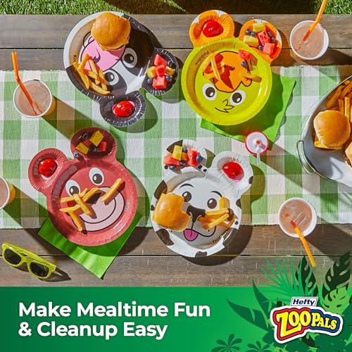 Image of Hefty Zoo Pals Party Edition Paper Plates for Kids, Assorted Animal Designs, 7.75 Inches with Two Dipping Compartments, Multi-Color, 20 Count (Pack of 10)