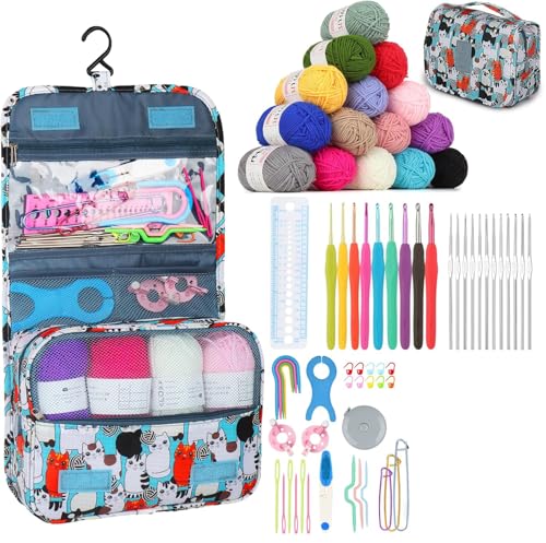 Image of Aeelike 69pcs Crochet Kits for Beginners with Bag, Blue Cat | Easy Learn to Crochet Kit All Age, Crochet Starter Kit Include Crocheting Instruction, Crochet Hooks, Yarn and Storage Bag
