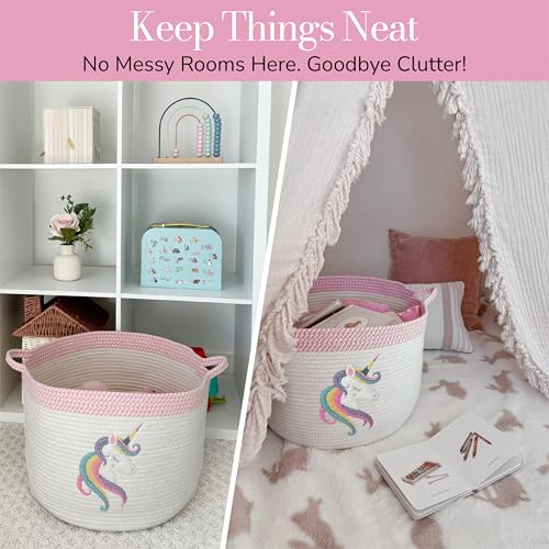 Image of Unicorn Baby Storage Basket, Woven Cotton Rope Nursery Bin, 15x11 in | Stuffed Animal and Blanket Storage, Soft Felt Unicorn Patch, Baby Girl Room Decor, Shower Gift, Kids Playroom Organizer