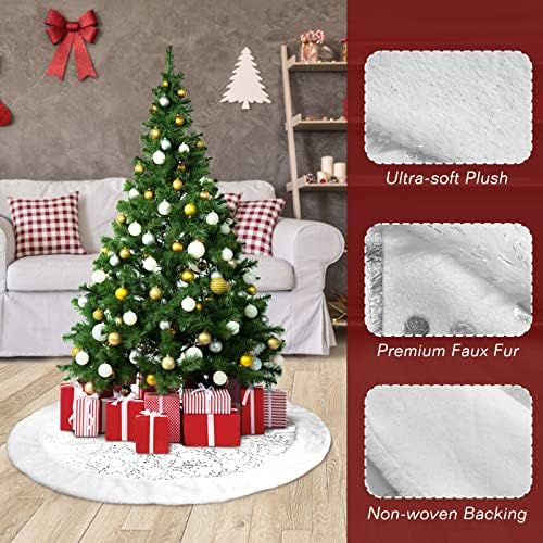 Lewondr 48 Inch Christmas Tree Skirt, White Plush Hot Stamping Pattern Tree Skirt for Holiday Party Xmas Tree Decorations, Silver
