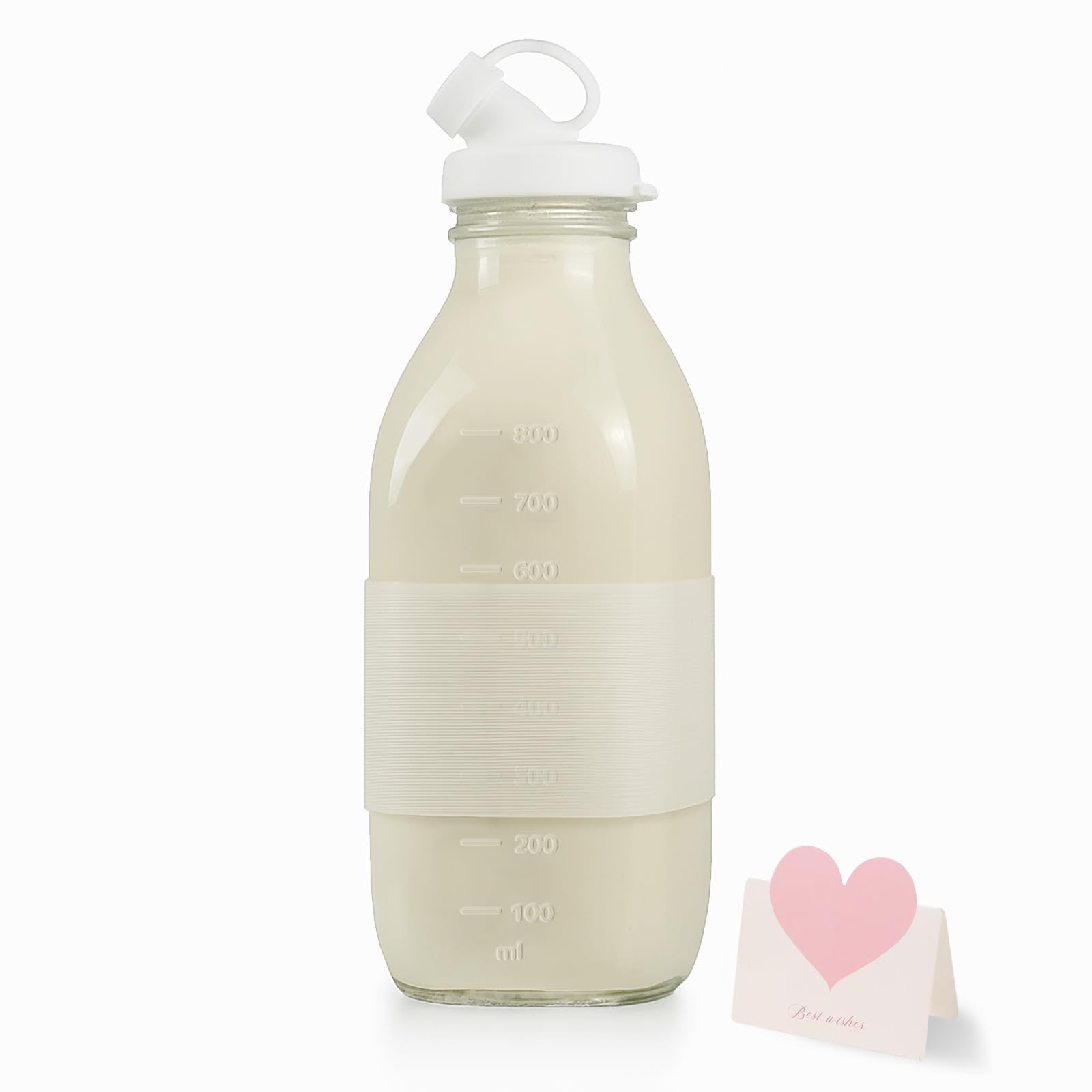 Essmilkee 32 oz Milk Pitcher with Pour Dispenser and Clear Scale, 1 Liter Glass Juice Bottle with Airtight Lid, Glass Water Bottle with Sleeve