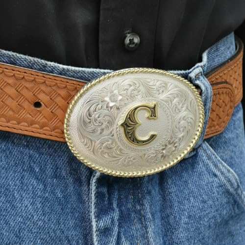 Image of Montana Silversmiths Initial Engraved Gold Trim Western Belt Buckle