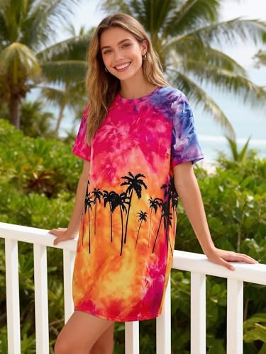 Image of MOUSYA Women Tie Dye Dress Short Sleeve T Shirt Dress Summer Casual Loose Mini Dress with Pockets