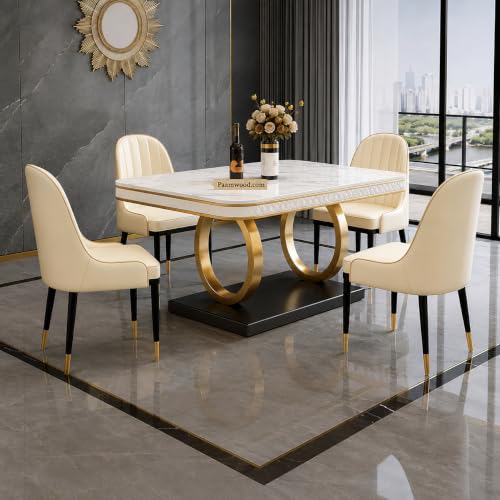 Image of Dining Table with Nano Composite Marble Top & PVC Golden Wooden Base | Fabric Upholstered Chairs | Modern Dining Table Set for Home, Dining Room (Cream, White Marble Top, 4 Seater)