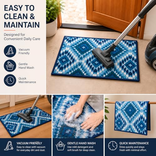 Image of Matz&More Pattern Aztec Diamonds Floor Mat | 40x60 CM | Blue | Nylon Tufted Gel Baking Anti-Slip | Doormat for Home Entrance, Kitchen & Bedroom