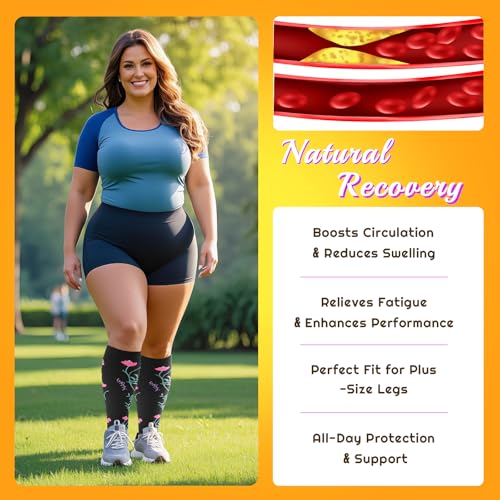 Image of Plus Size Compression Socks for Women & Men 3 Pairs, Wide Calf Extra Large 20-30 mmHg Knee High Support Socks for Travel, Running, Nurse