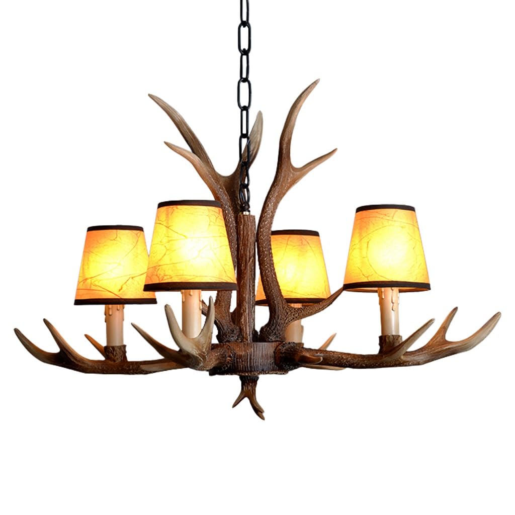 SXECAEPS Pendant Light Antlers E14 Retro Resin Antler Chandelier 220V Vintage Fabric Lampshade Deer Horn Fixture Adjustable for Dining Room Hallway Bedroom Decor 4