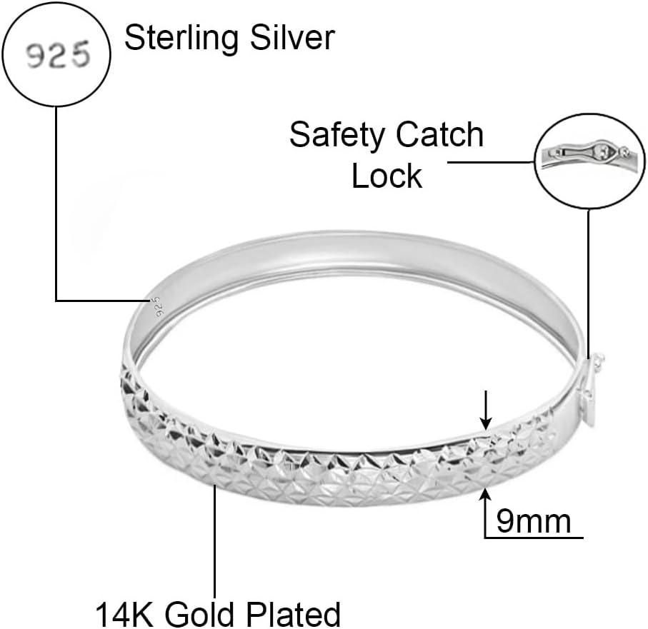 Savlano 925 Sterling Silver 9MM Diamond Cut Bangle Bracelet - 14K Gold Plated 7.5” inch Bracelet for Women Comes with Gift Box - Made in Italy
