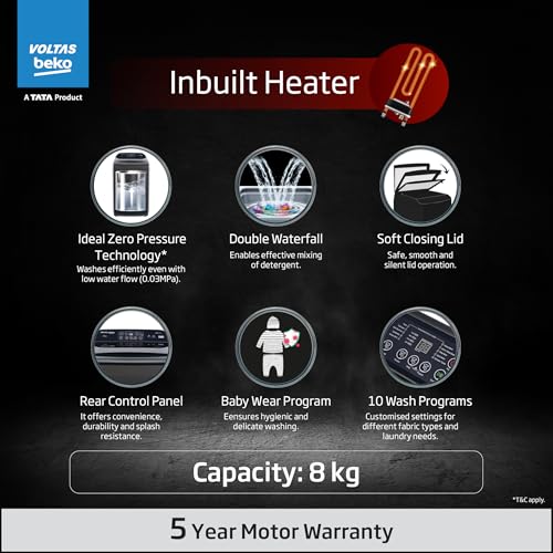 Image of Voltas Beko, A Tata Product 8 Kg 5 Star Fully-Automatic Top Loading Washing Machine with Anti-Bacterial wash Technology (WTL8006UEAH / OBS3060, Dark Grey, Inbuilt Heater)