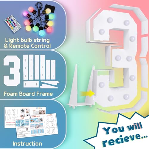 Image of Imprsv Colorful 4FT Marquee Numbers 3, 18 Colors Large Light up Numbers | RGB with Remote, Birthday Party Decorations Anniversary Wedding Decorations Assembly Required 24 Pcs Accessory Set