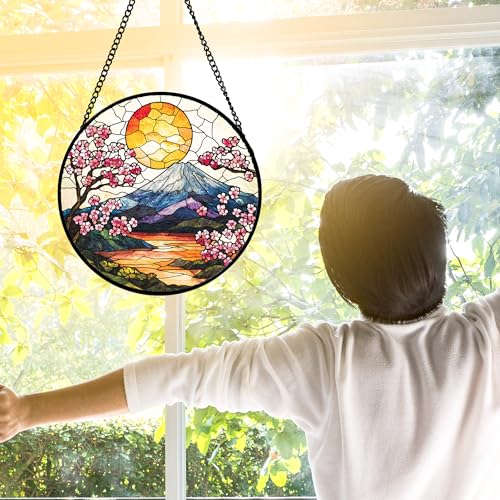 Image of DASTOLL Stained Glass Window Hanging, Sun Blooming Cherry Blossoms Suncatcher Diamond Glass Panel Sun Catchers Decor for Birthday for Women, Men, Wife, Aunt, and Mom 6.3 in