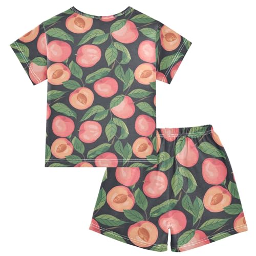ALAZA Peach Fruit Green Leaves Pajamas Short Sleeve 2 Piece Sleepwear Top and Bottom Pajama Set Unisex2