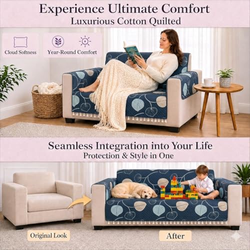 Image of STITCHNEST 'Frostvine Collection' 2 Seater Sofa Cover| Cotton Quilted Fabric, Decorative Tassels, Washable & Durable for Modern Living