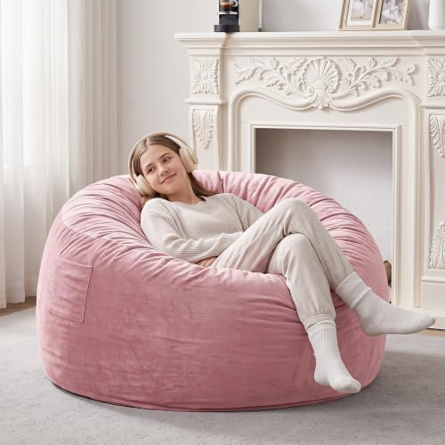 Image of Kromax Bean Bag Chair with Filling Included, Large 4FT Comfy Bean Bag Chairs for Adults, Teens, Memory Foam, Machine Washable Thick Dutch Velvet Cover, for Living Room, Den, or Bedroom, Pink
