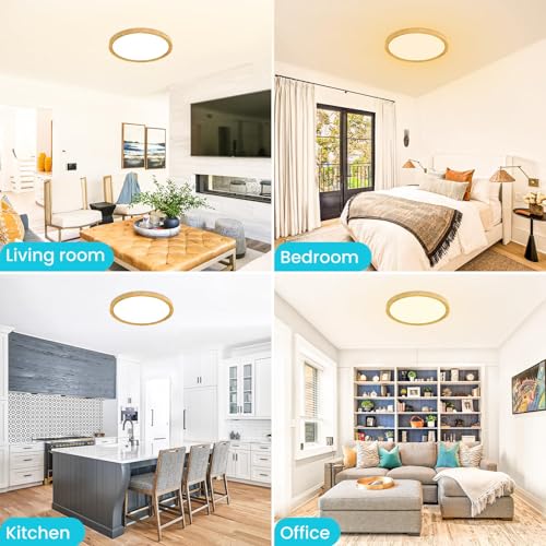 Image of libtit 2 Pack 12Inch Wooden LED Flush Mount Ceiling Light, 28W 3200lm Adjustable 3000K-6500K Color Temp | Round Lamp for Bathroom /Shower /Hallway /Kitchen