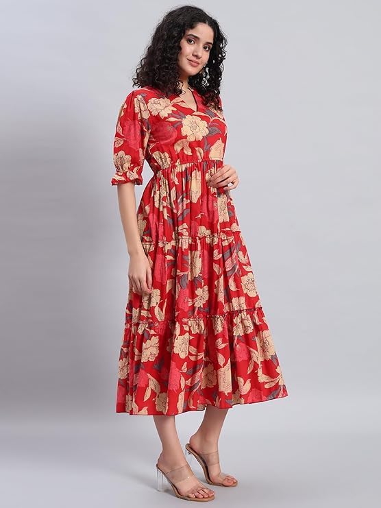 Image of PIDAVLIYA'S Women's Floral Summer Maxi Dress I Cotton Printed I One Piece Bodycon Midi Dress with V-Neck, Puffed Sleeves