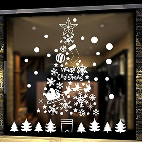 DIY Christmas Tree Window Stickers White Snowflakes Window Clings Wall Decal Removable Christmas Deers Window Decorations Snowflakes Santa Claus Glass Sticker for Christmas Window Display Decoration Cover