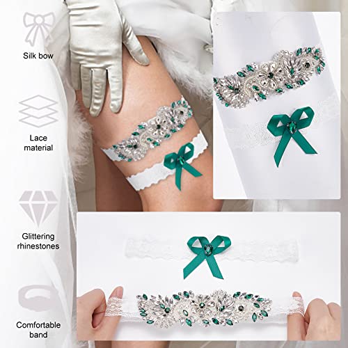 WEBEEDY 2 Pcs Lace Bridal Garter Rhinestone Wedding Bridal Garter Set Rhinestone Green Sexy Leg Garters for Wedding Stretch Bridals Garters Sets with Rhinestones3
