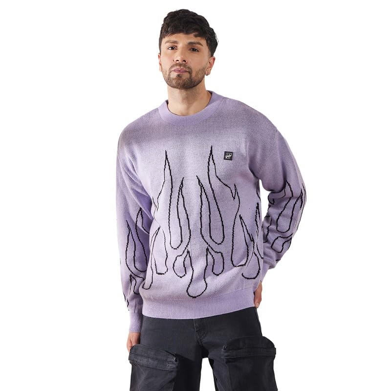 fugazee Plum Flames Oversized Sweater for Men | Acrylic Wool Winter Knit | Drop Shoulder Crew Neck Full Sleeve Streetwear Style | Cozy Ribbed Neckline-picture-25